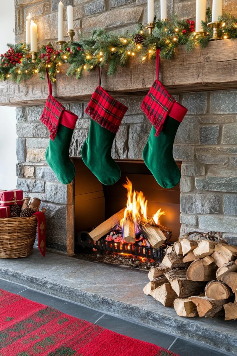 display classic red and green tartan accents with velvet stockings by the fire 1