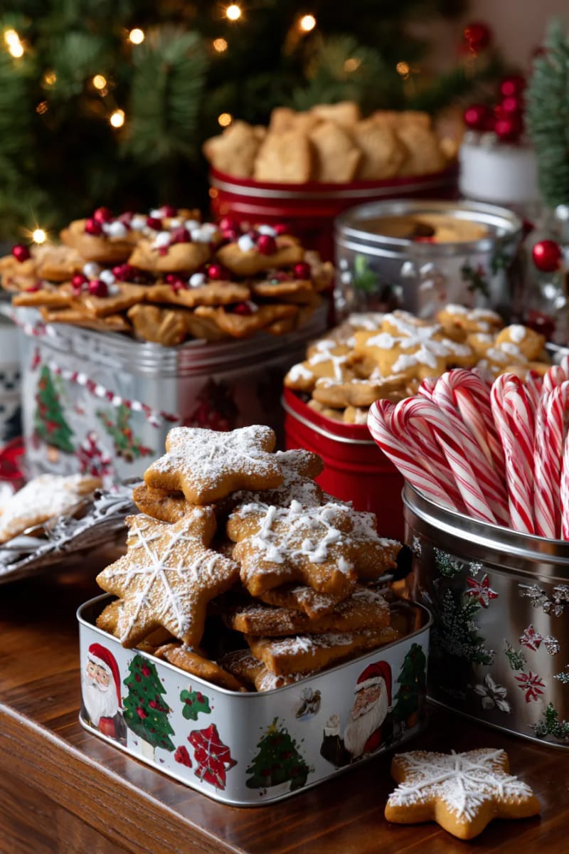 27 Vintage Christmas Decorations You'll Love 38 display of nostalgic christmas tins filled with gingerbread cookies and peppermint sticks 1