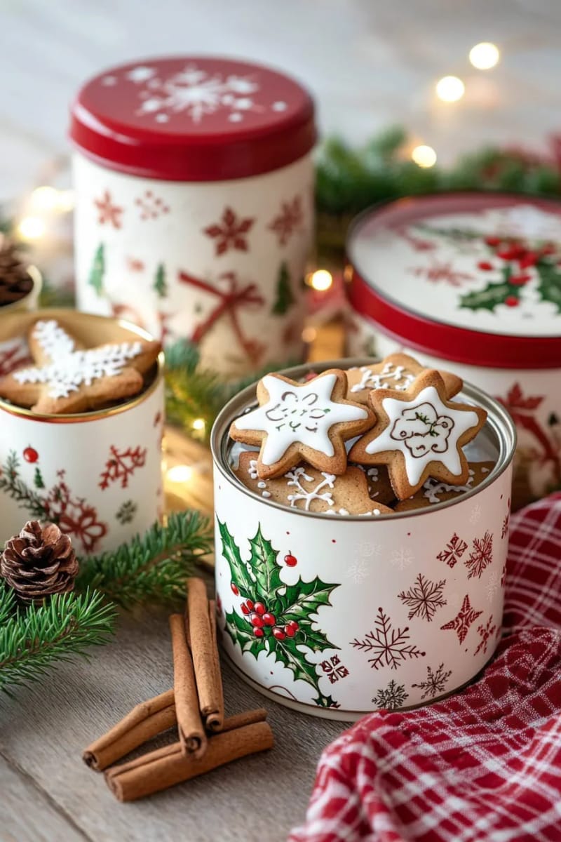 27 Vintage Christmas Decorations You'll Love 39 display of nostalgic christmas tins filled with gingerbread cookies and peppermint sticks 1