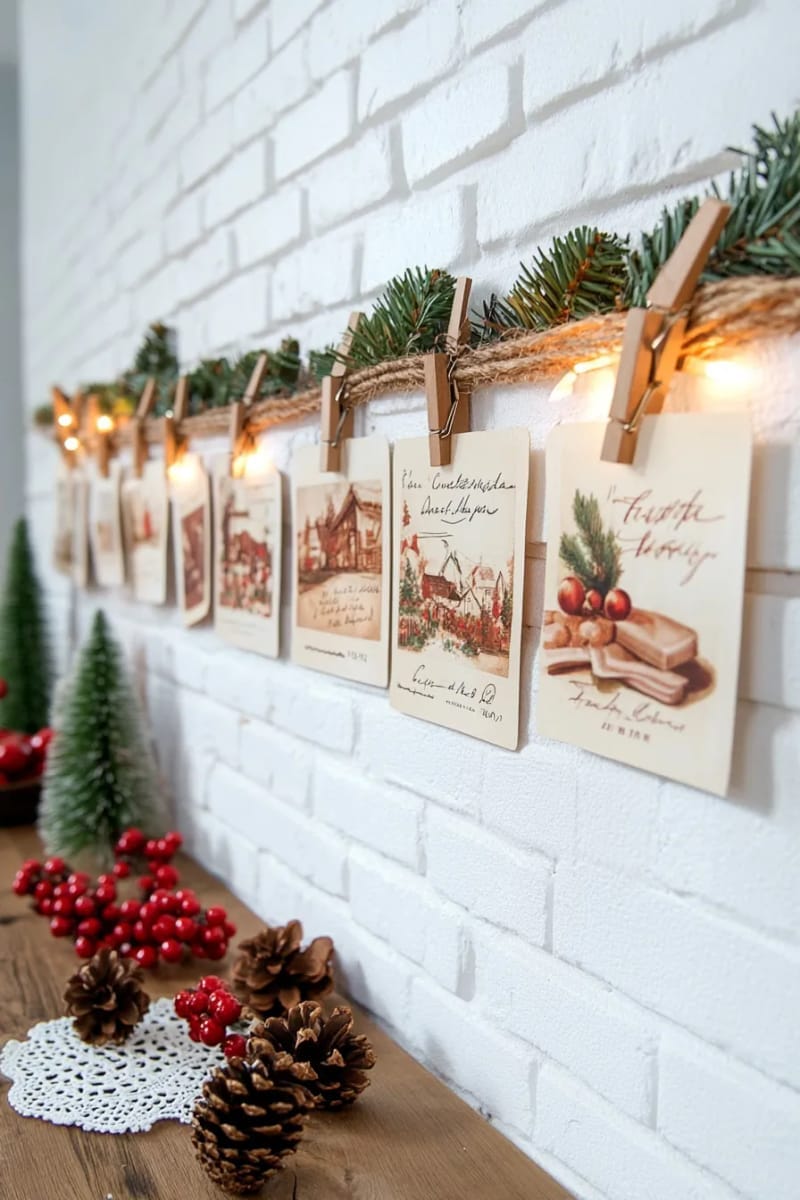 27 Vintage Christmas Decorations You'll Love 62 display of old-fashioned christmas postcards on a twine string with clothespins 1