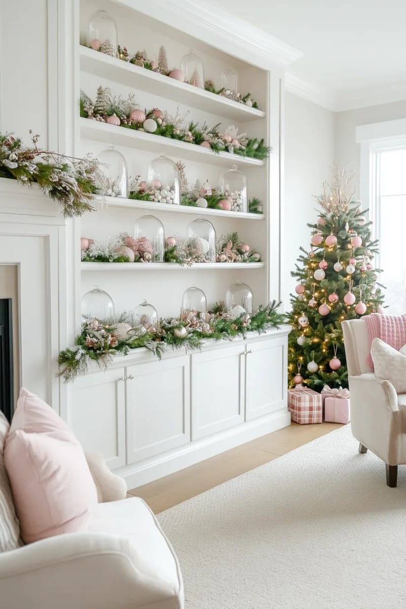 display vintage-inspired ornaments under glass domes on shelves. 1