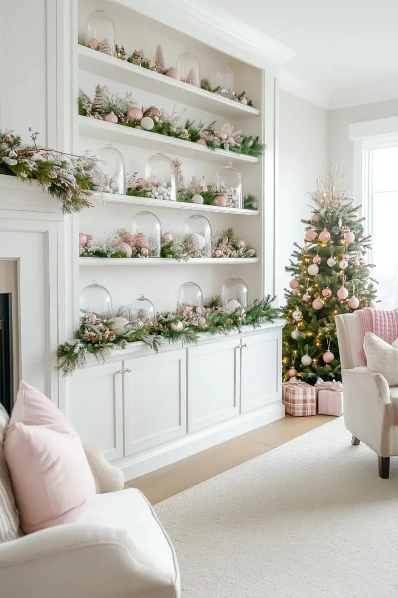 display vintage-inspired ornaments under glass domes on shelves. 1