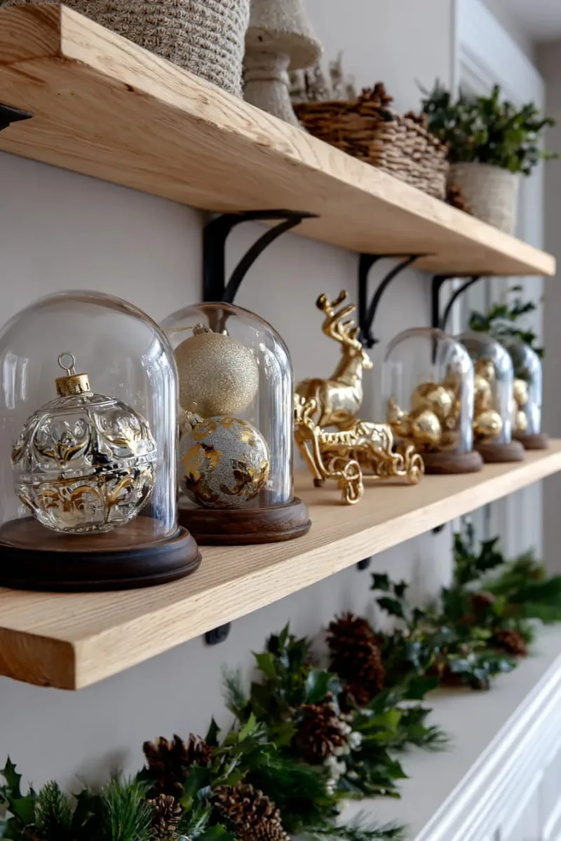 display vintage-inspired ornaments under glass domes on shelves. 1