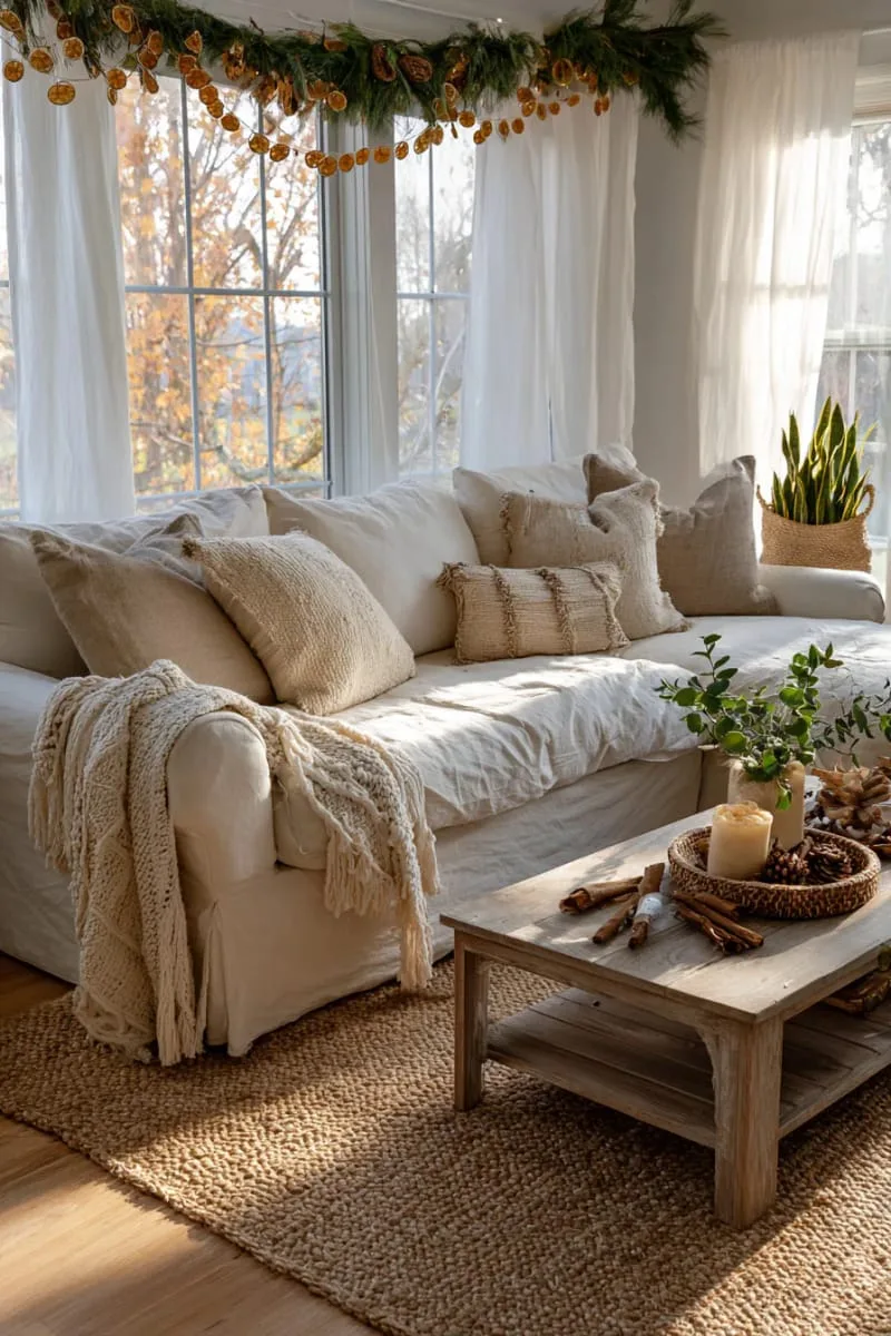 diy dried orange slice garlands hanging above the sofa 1