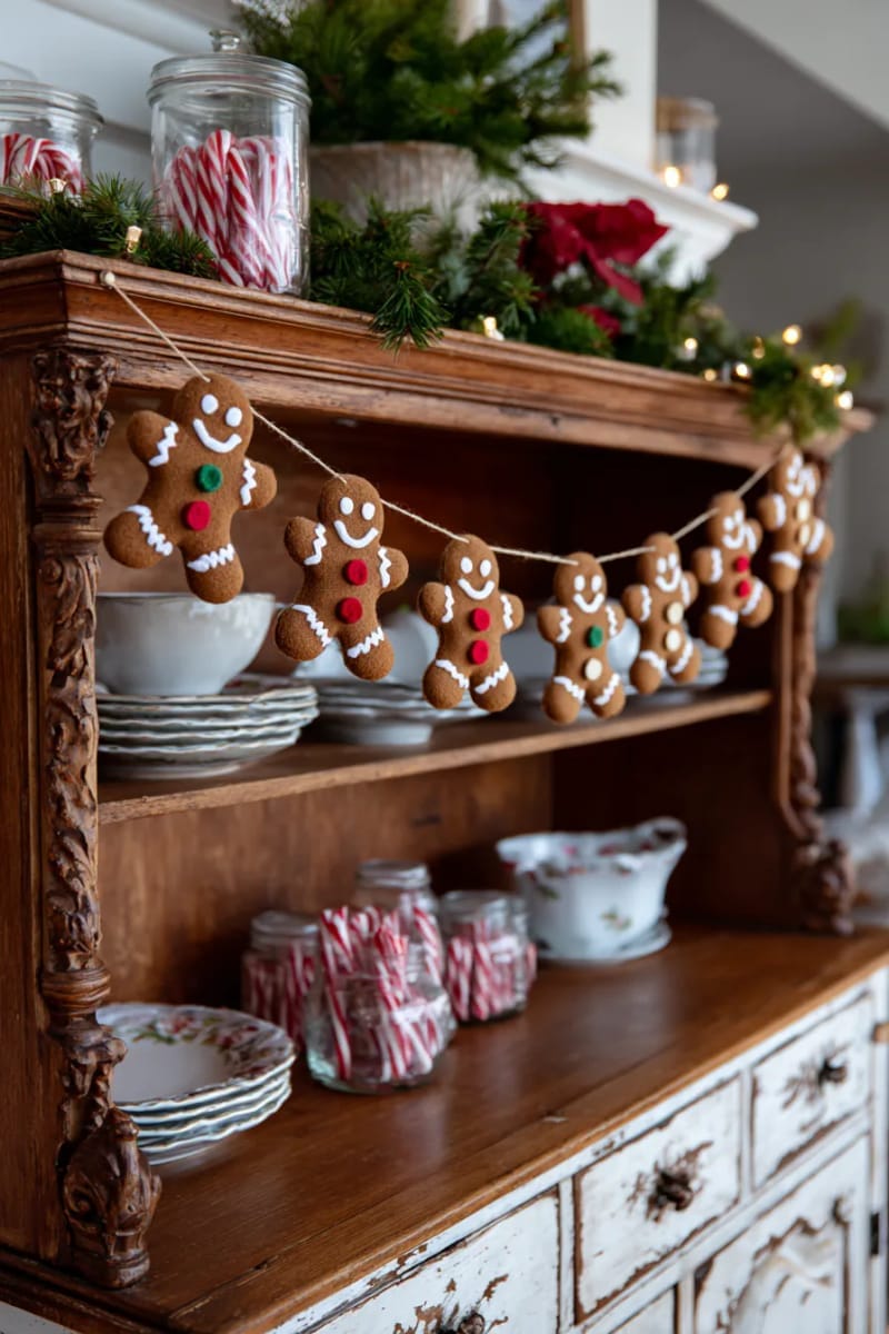 23 Kitsch Christmas Decor Ideas Full of Color, Whimsy, and Cheer 46 diy felt gingerbread men garland strung across a vintage hutch 1