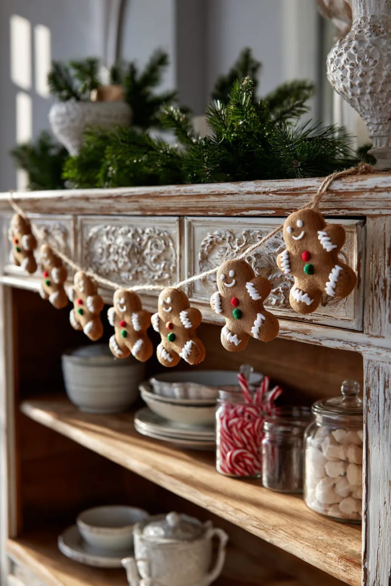 23 Kitsch Christmas Decor Ideas Full of Color, Whimsy, and Cheer 47 diy felt gingerbread men garland strung across a vintage hutch 1