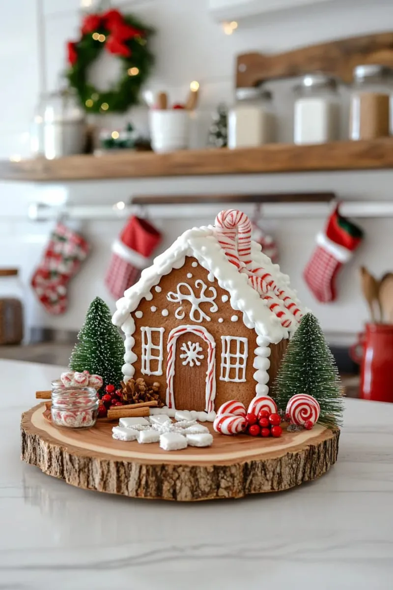 diy gingerbread cabin displayed on a wood slice base 1