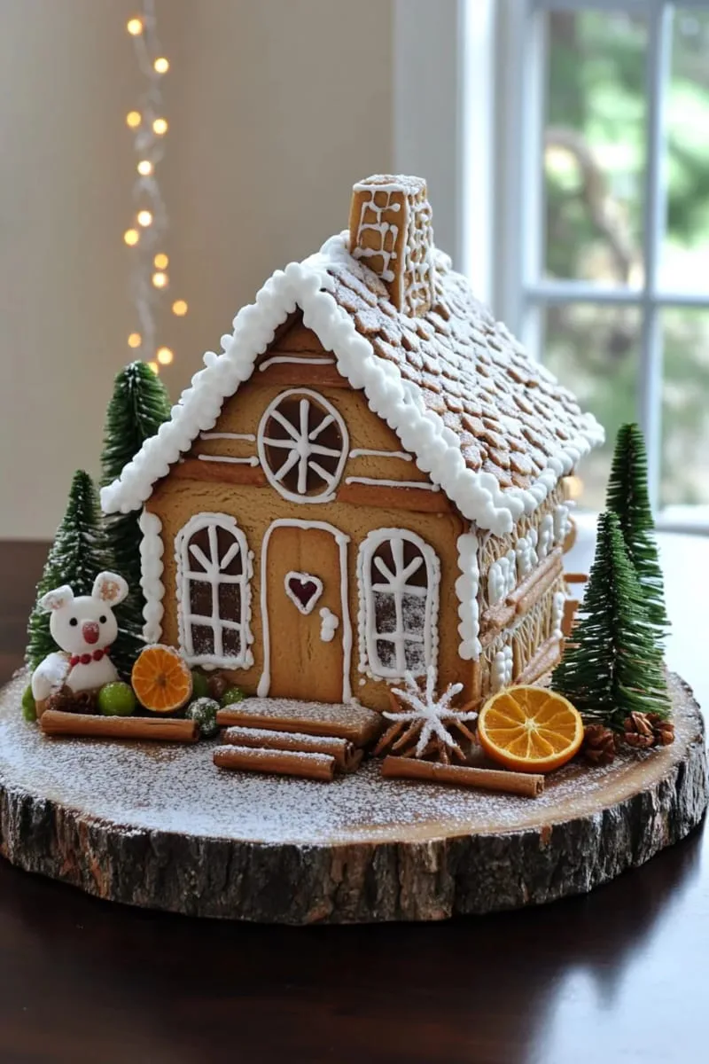diy gingerbread cabin displayed on a wood slice base 1