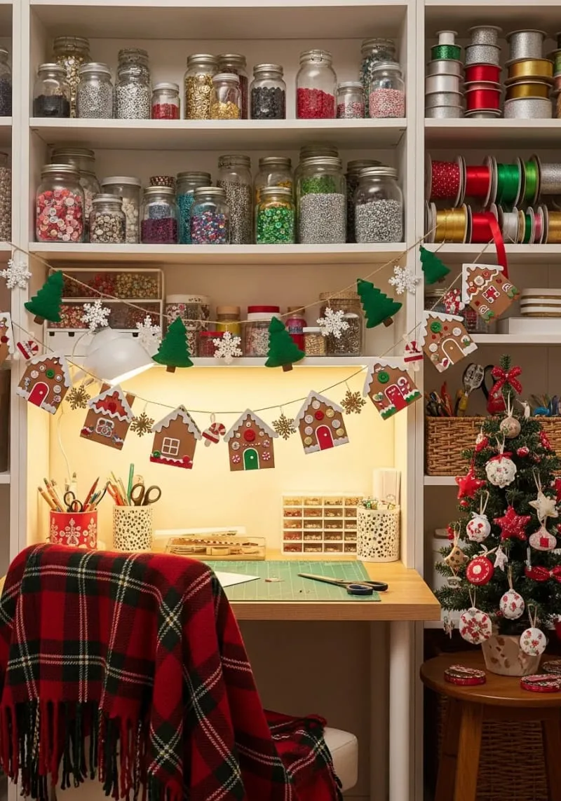 diy gingerbread house garland strung across shelving or above your desk 1