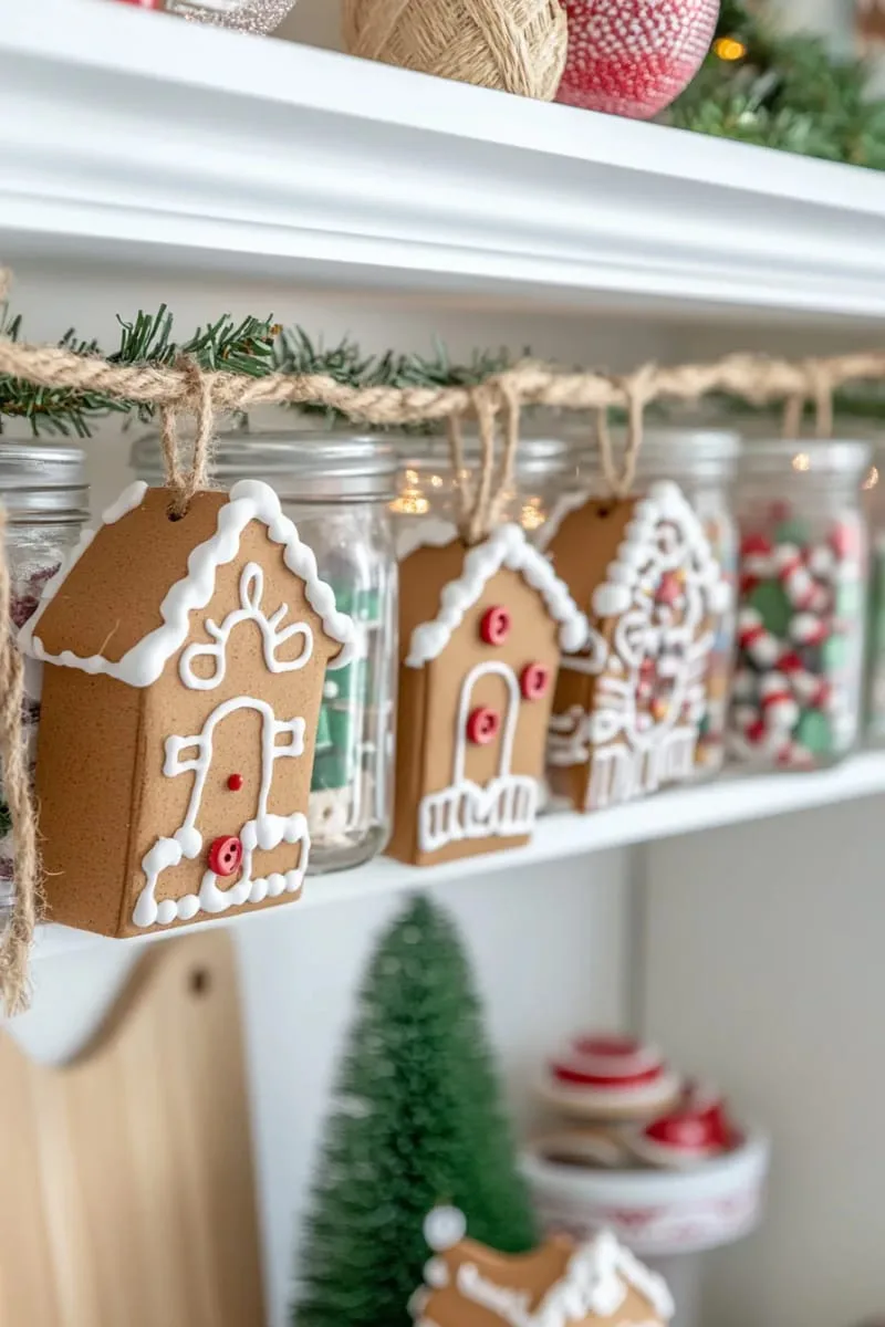 diy gingerbread house garland strung across shelving or above your desk 1