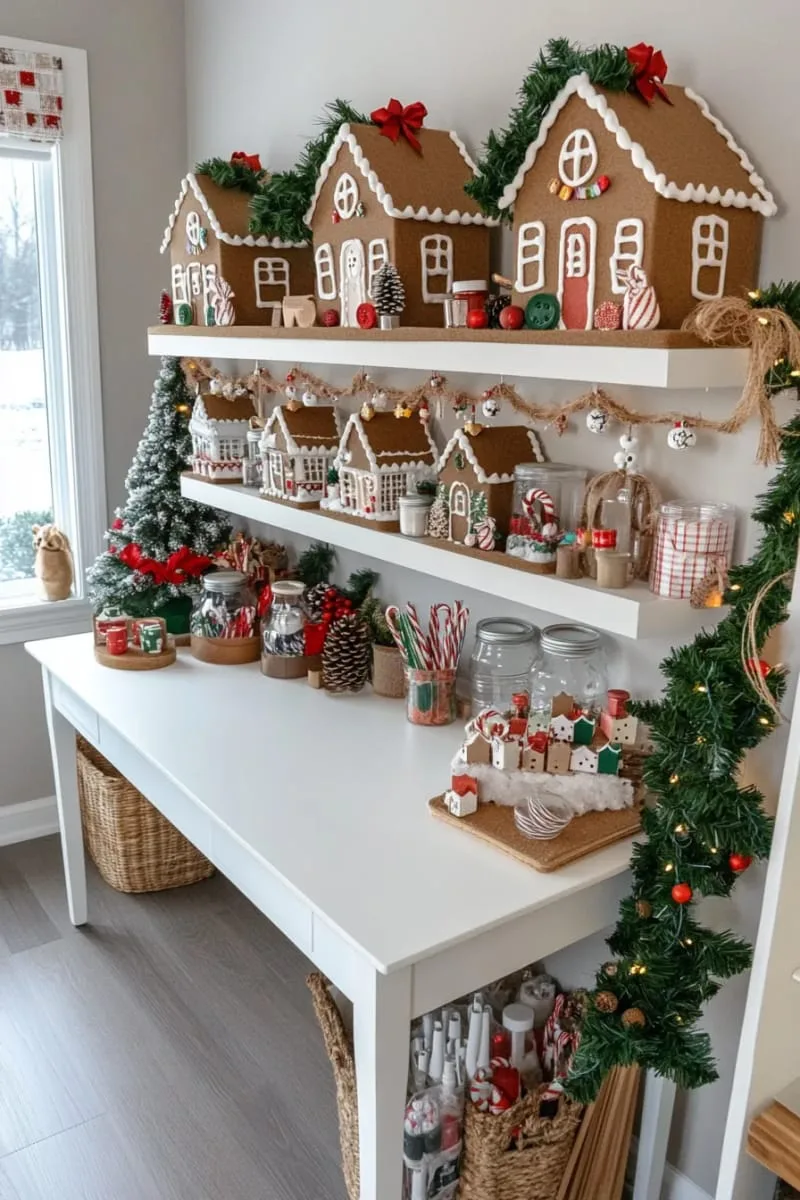 diy gingerbread house garland strung across shelving or above your desk 1