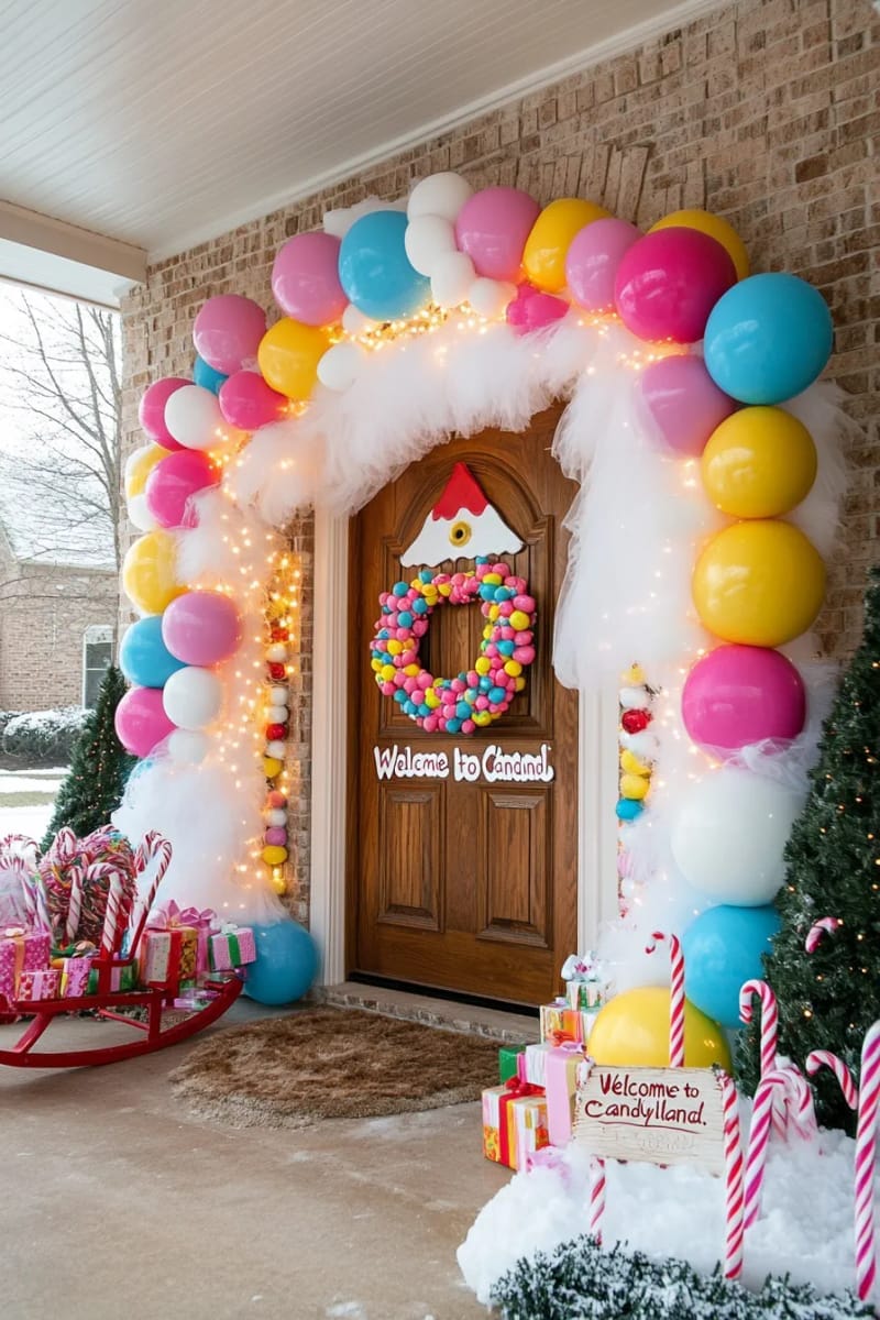 29 Festive Christmas Door Decor Ideas for a Magical Entry 71 diy gingerbread house scene with colorful foam candies and white tulle “frosting” 1