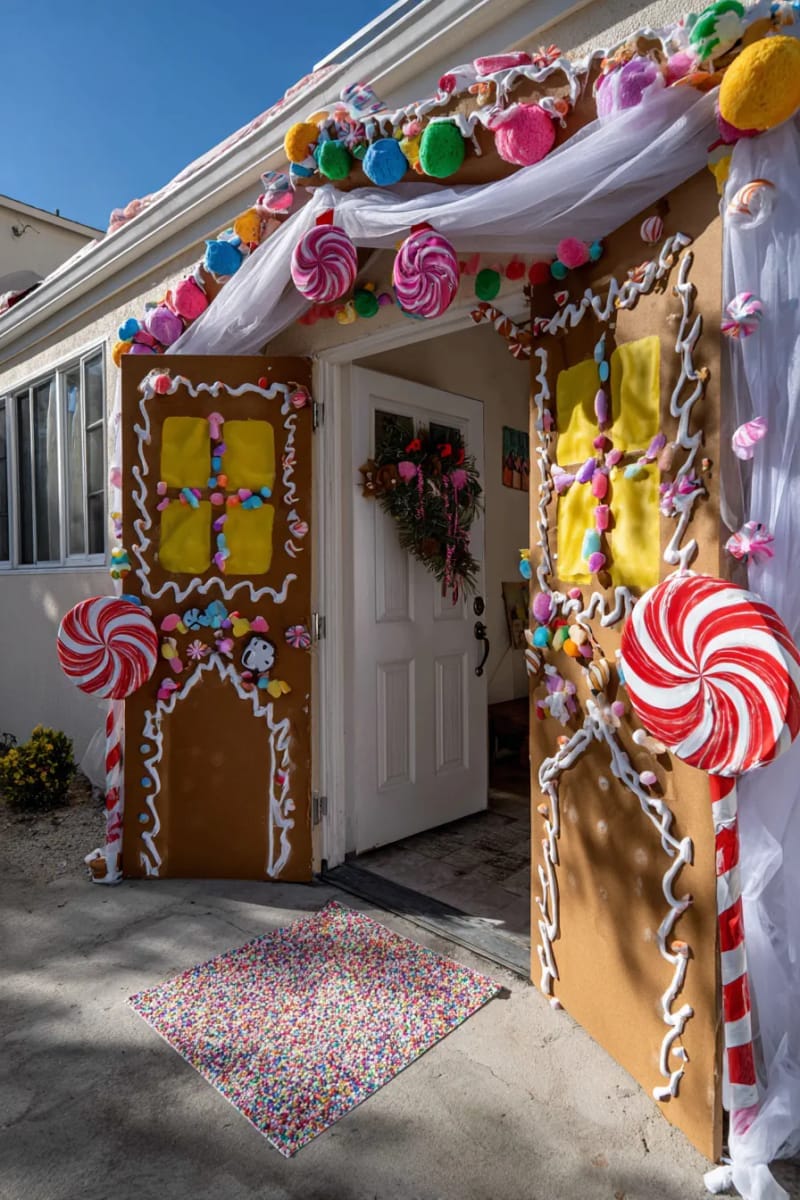 29 Festive Christmas Door Decor Ideas for a Magical Entry 72 diy gingerbread house scene with colorful foam candies and white tulle “frosting” 1