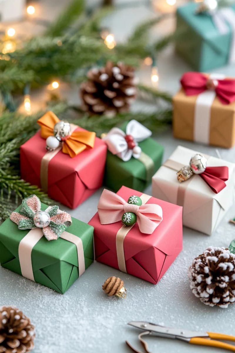 diy mini christmas gift box ornaments using recycled cardboard and ribbons 1