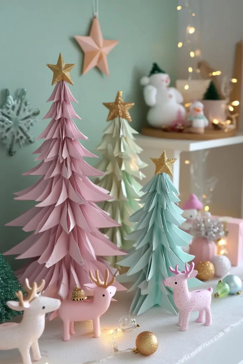 diy paper christmas trees in pastel colors with matching ceramic figurines 1