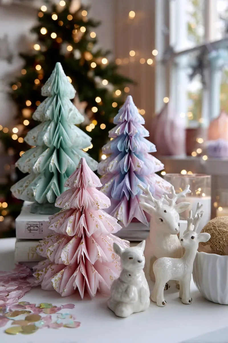 diy paper christmas trees in pastel colors with matching ceramic figurines 1