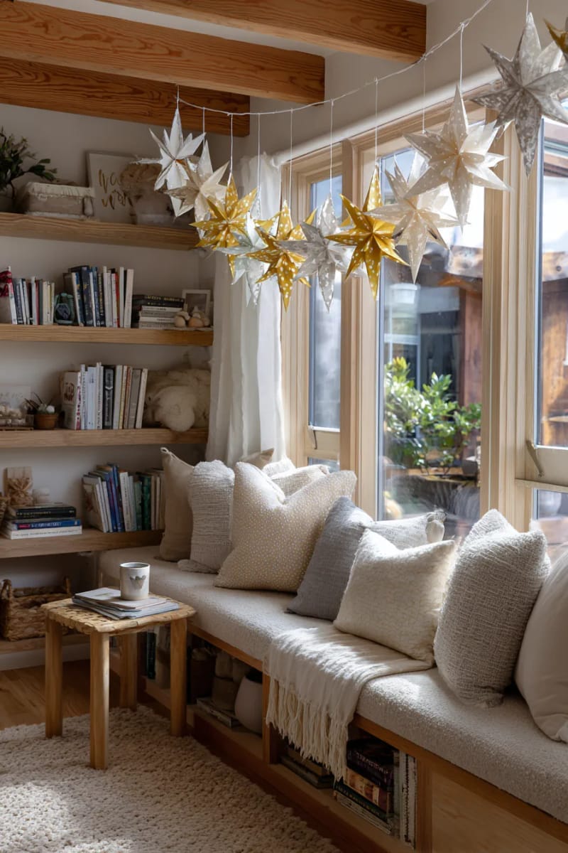 diy paper star garlands strung across a cozy reading nook 1