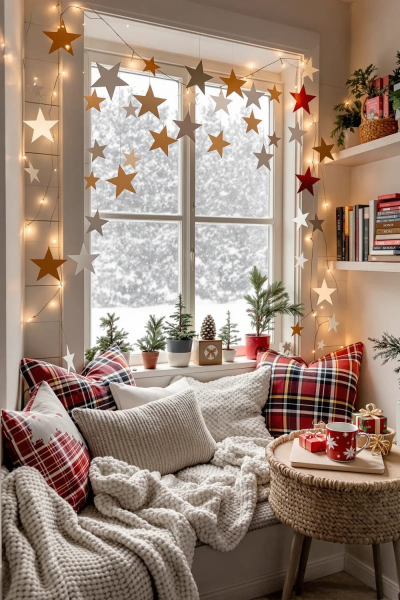 diy paper star garlands strung across a cozy reading nook 1