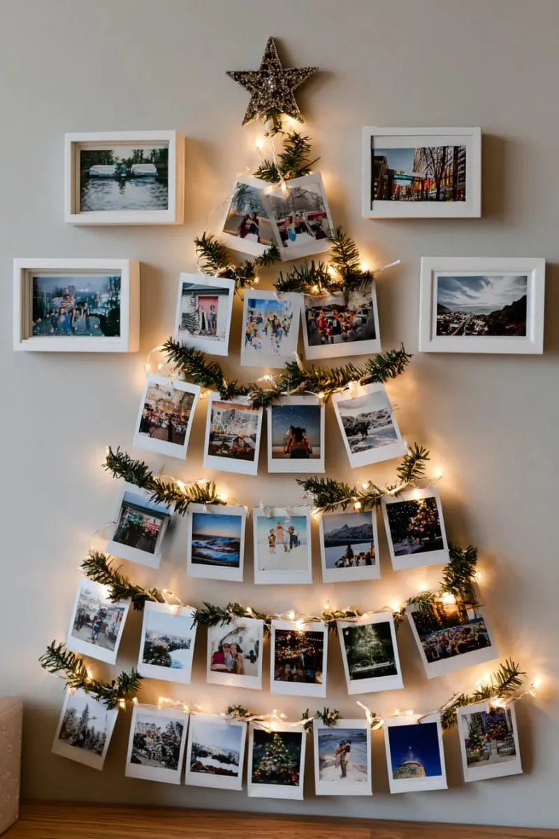 diy polaroid photo christmas tree with fairy lights on a blank wall 1