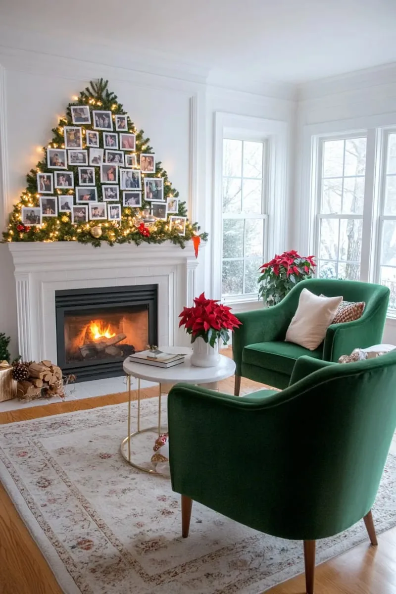 diy polaroid photo christmas tree with fairy lights on a blank wall 1