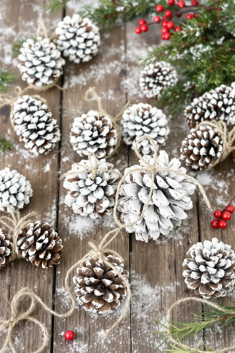 diy snow-dusted pinecones with white paint and natural twine 1