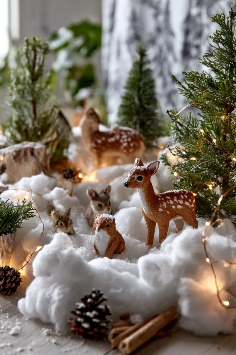 25 Best Christmas Window Decor Ideas to Try This Year 74 diy winter wonderland scene with cotton snow, woodland creatures, and fairy lights. 1
