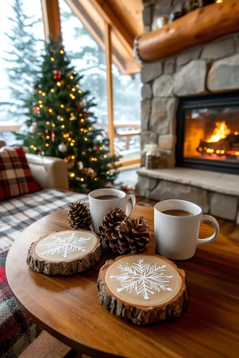 diy wooden log slice coasters painted with snowflakes 1