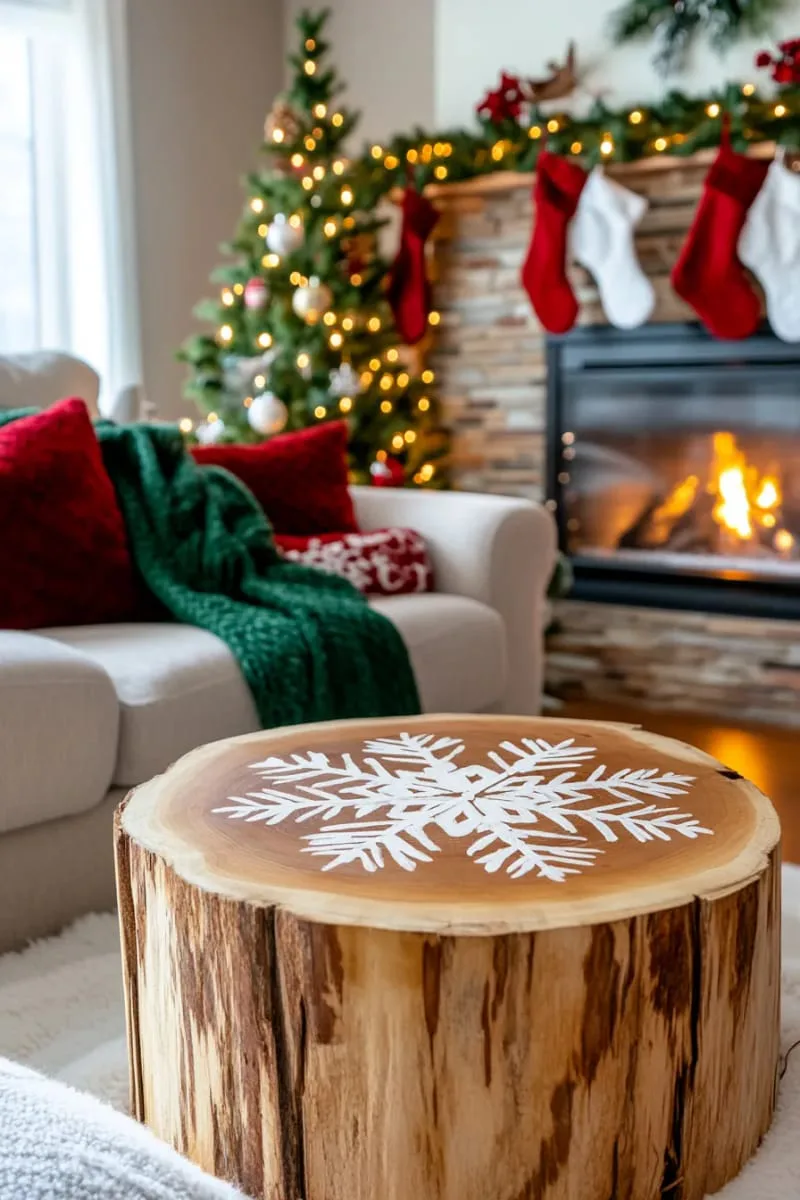 diy wooden log slice coasters painted with snowflakes 1