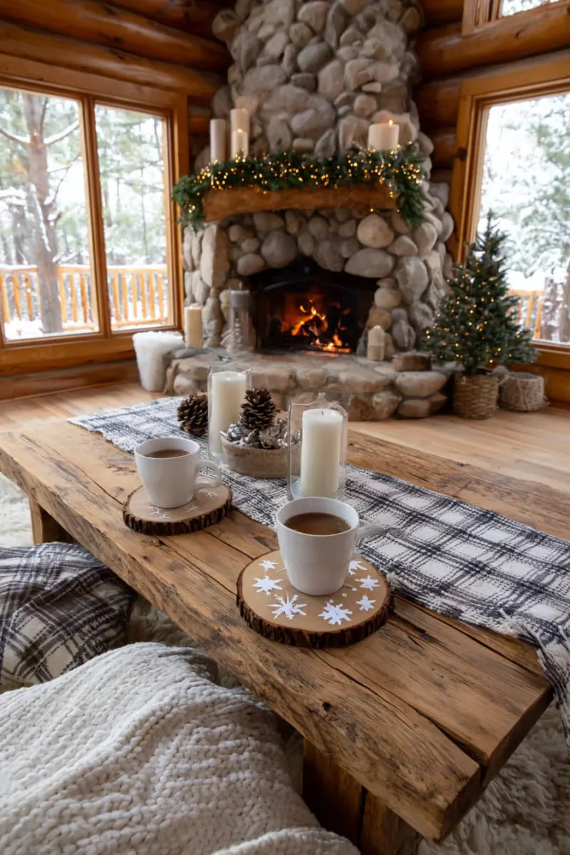 diy wooden log slice coasters painted with snowflakes 1