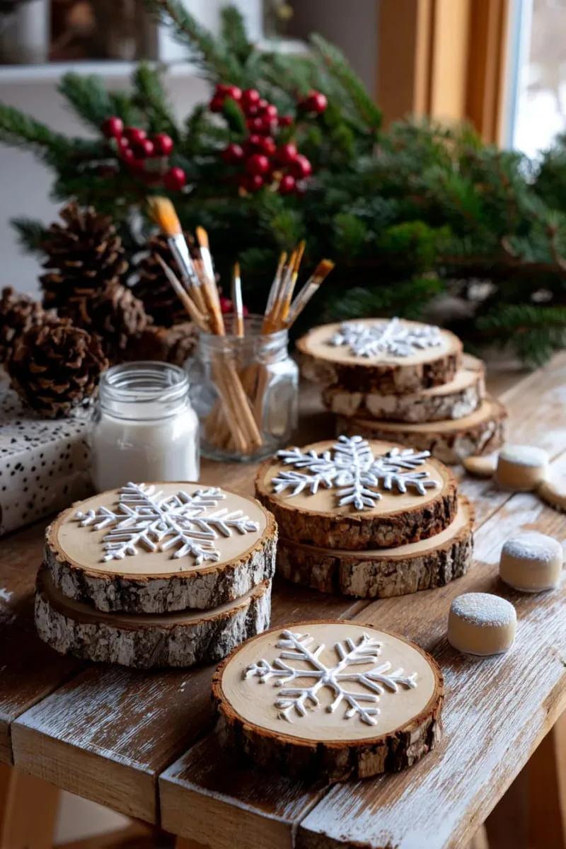 diy wooden log slice coasters painted with snowflakes 1