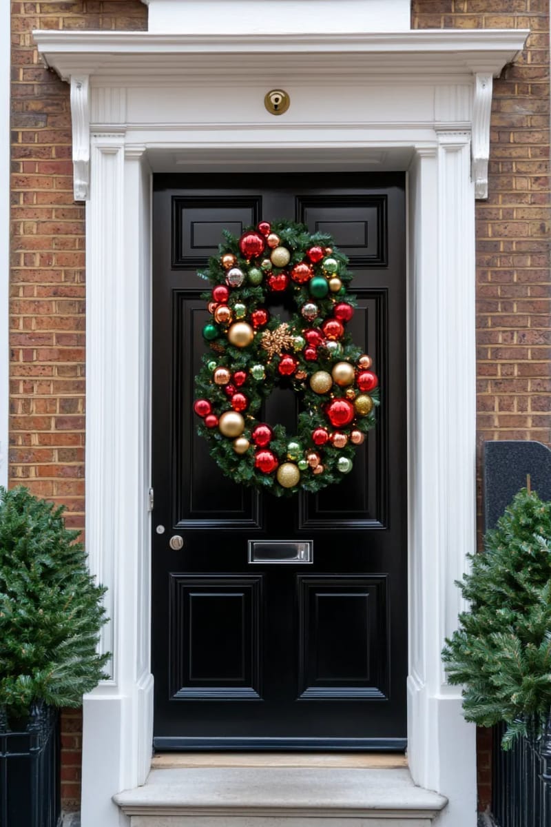 27 Beautiful Christmas Front Door Decor Ideas to Inspire 12 double wreaths stacked vertically on a bold-colored door 1