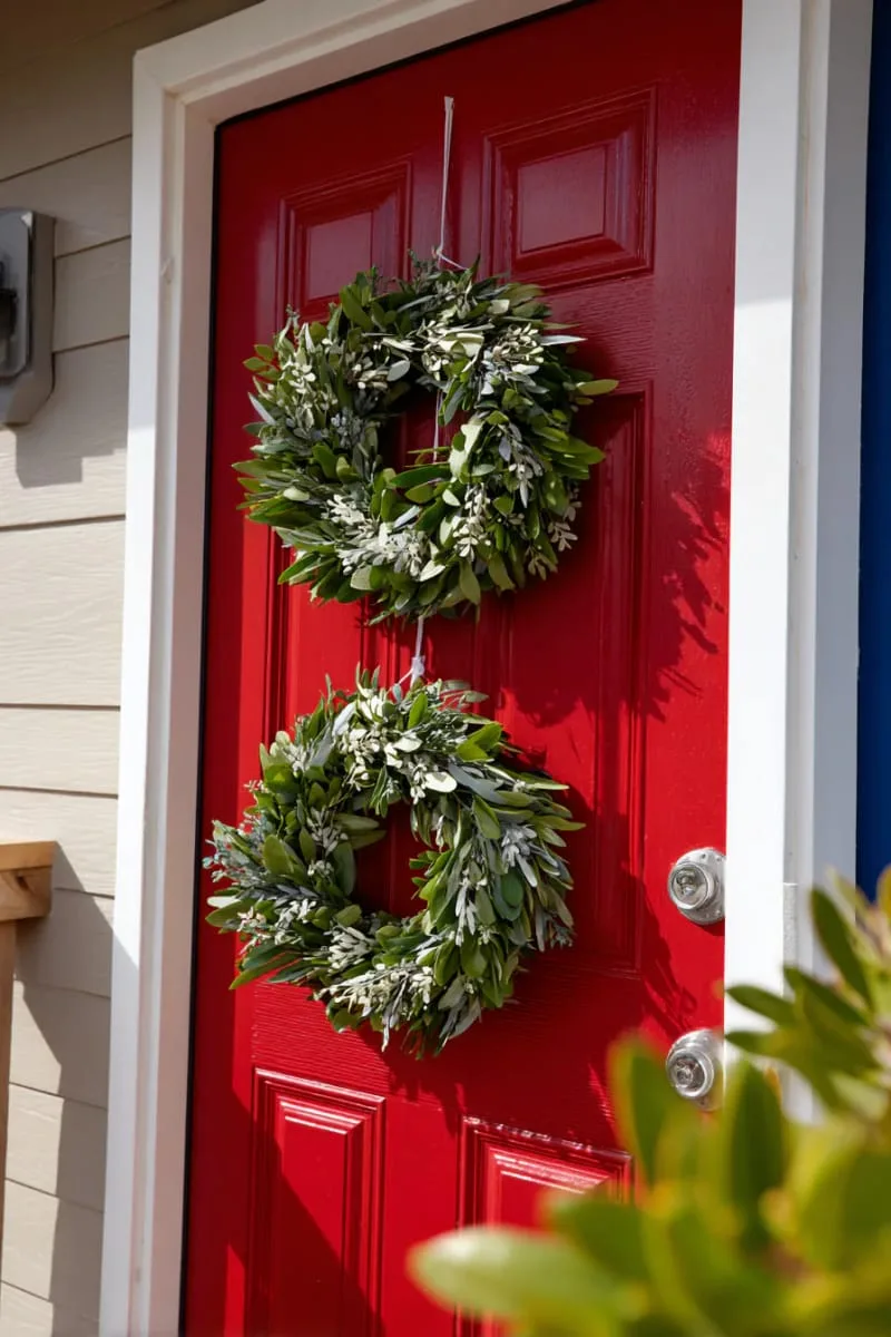 double wreaths stacked vertically on a bold-colored door 1
