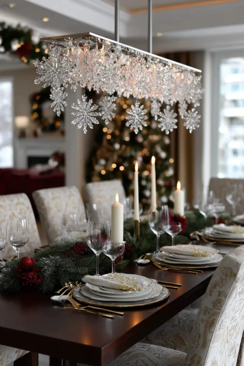 dramatic chandelier dripping with crystal snowflakes above a luxury dining table 1 dramatic chandelier dripping with crystal snowflakes above a luxury dining table 1
