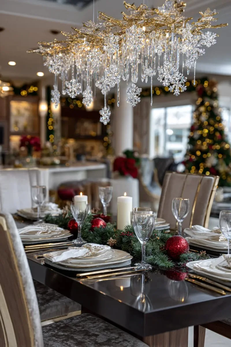 dramatic chandelier dripping with crystal snowflakes above a luxury dining table 1 dramatic chandelier dripping with crystal snowflakes above a luxury dining table 1