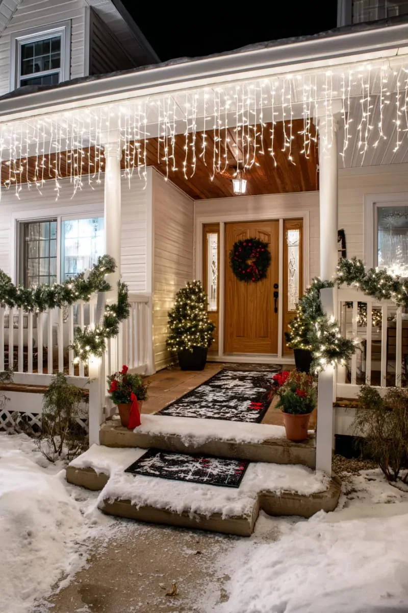 dramatic curtain of cascading fairy lights framing the entryway 1