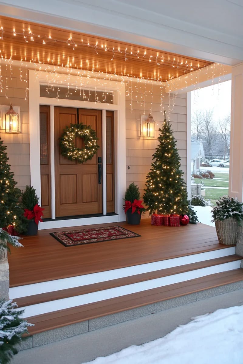 dramatic curtain of cascading fairy lights framing the entryway 1