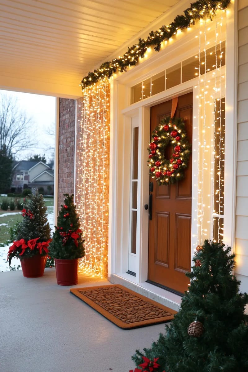 dramatic curtain of cascading fairy lights framing the entryway 1