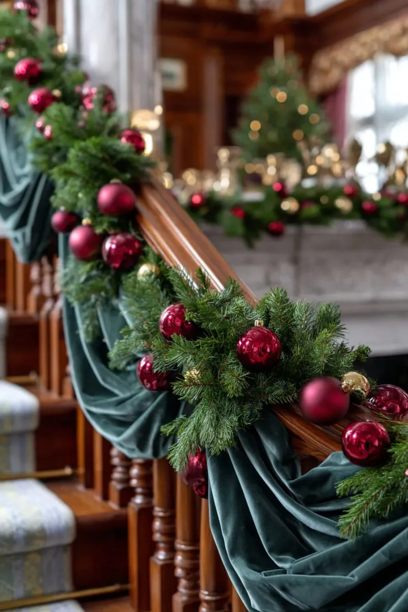 dramatic draped garlands in deep green velvet with clusters of ruby ornaments 1 dramatic draped garlands in deep green velvet with clusters of ruby ornaments 1
