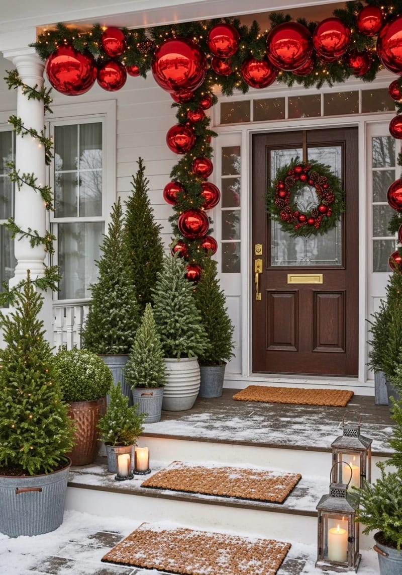 15 Dreamy Front Porch Christmas Trees to Try This Year 13 dramatic red ornament garlands draped above a cluster of potted porch trees 1