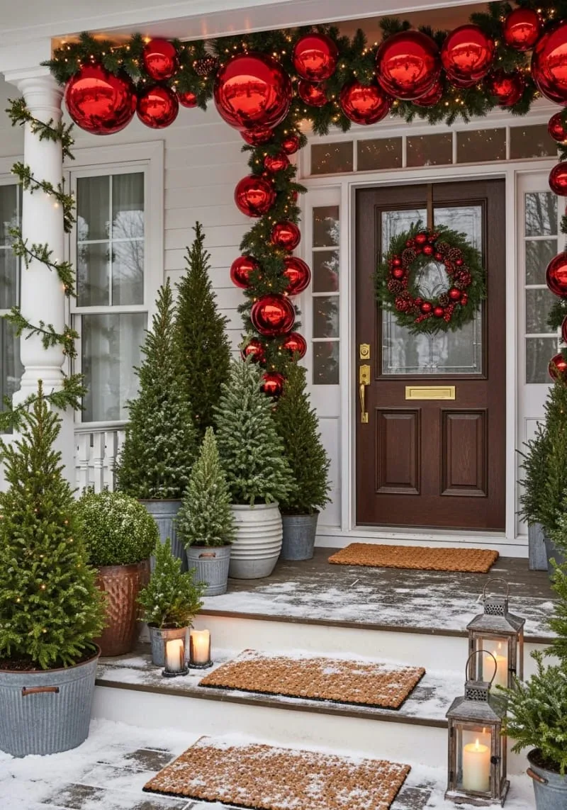 15 Dreamy Front Porch Christmas Trees to Try This Year 12 dramatic red ornament garlands draped above a cluster of potted porch trees 1