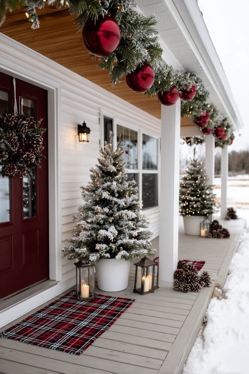 15 Dreamy Front Porch Christmas Trees to Try This Year 14 dramatic red ornament garlands draped above a cluster of potted porch trees 1