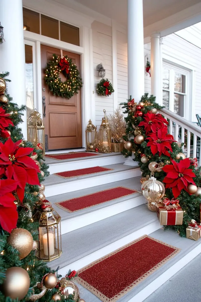 dramatic swag garland with oversized red poinsettias and metallic gold ornaments 1