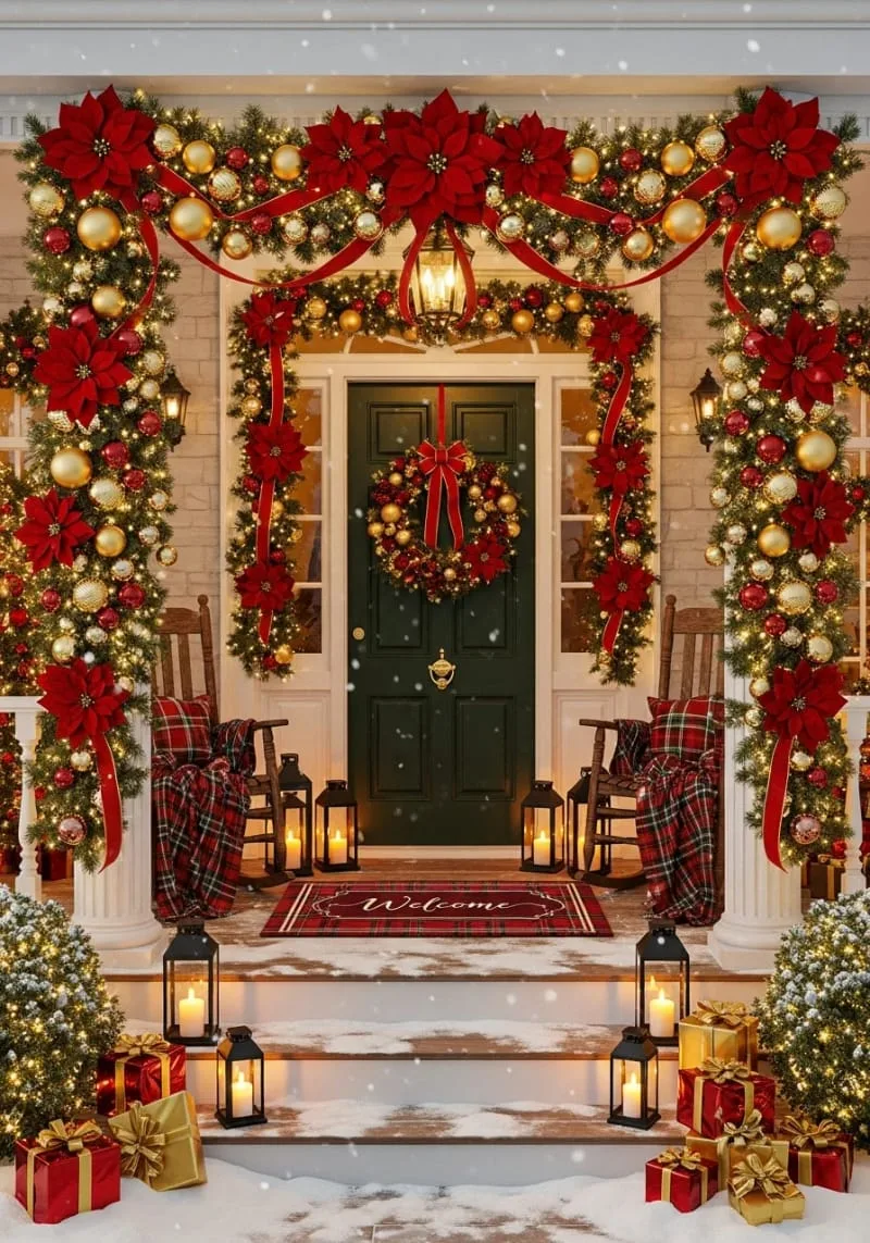 dramatic swag garland with oversized red poinsettias and metallic gold ornaments 1