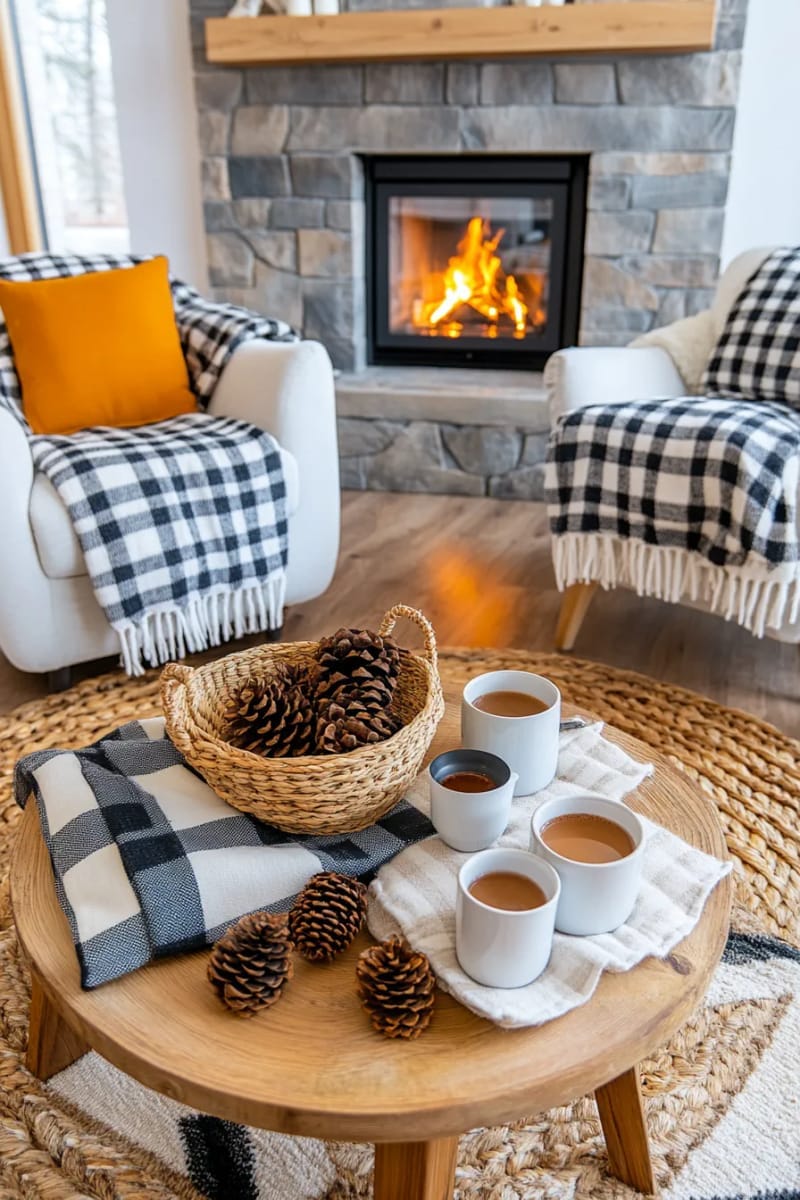 27 Country Christmas Decor Ideas That Wow 20 drape buffalo check blankets over armchairs beside a roaring fireplace. 1