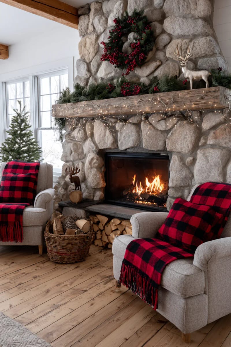 27 Country Christmas Decor Ideas That Wow 21 drape buffalo check blankets over armchairs beside a roaring fireplace. 1