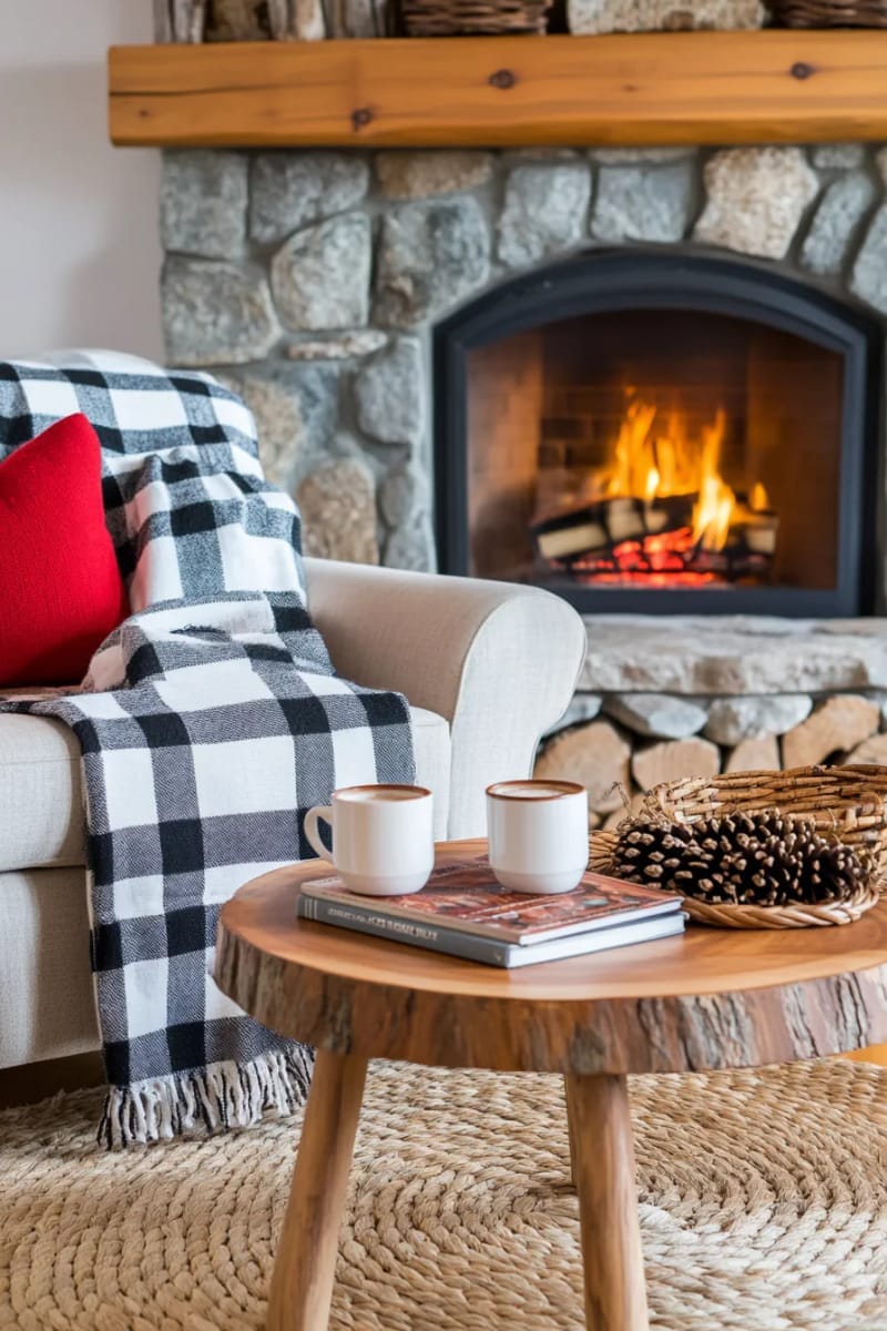 27 Country Christmas Decor Ideas That Wow 22 drape buffalo check blankets over armchairs beside a roaring fireplace. 1