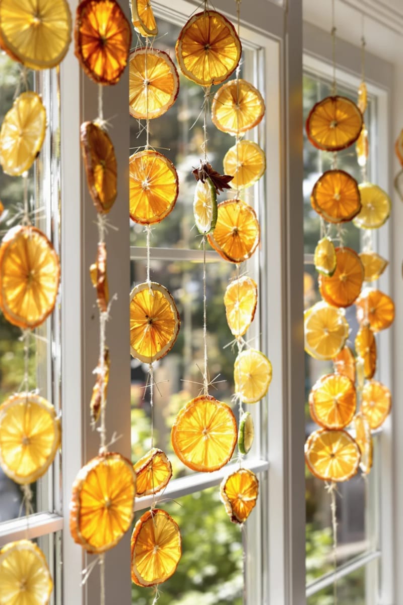 29 Inspiring Natural Christmas Decor Ideas for Modern Homes 36 dried citrus slice mobiles hung in windows for festive sun catchers 1