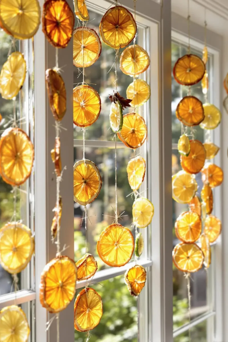 dried citrus slice mobiles hung in windows for festive sun catchers 1