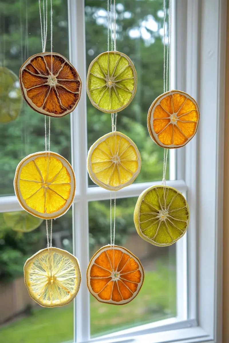 dried citrus slice mobiles hung in windows for festive sun catchers 1