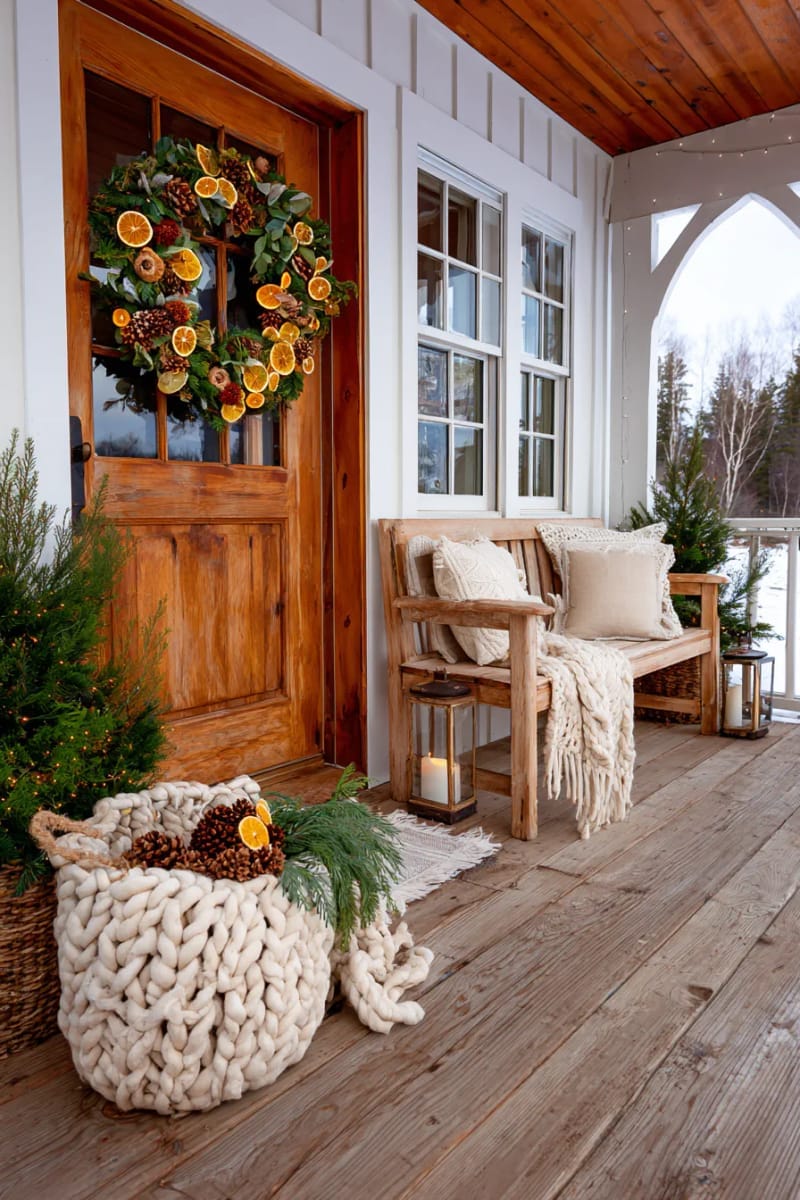 29 Inspiring Natural Christmas Decor Ideas for Modern Homes 11 dried orange and apple slice wreath with bay leaves for the front door 1